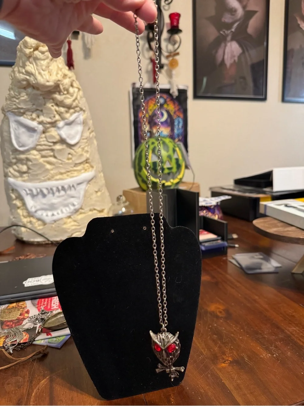 Silver Owl Pendant Necklace with Red Crystal Eyes